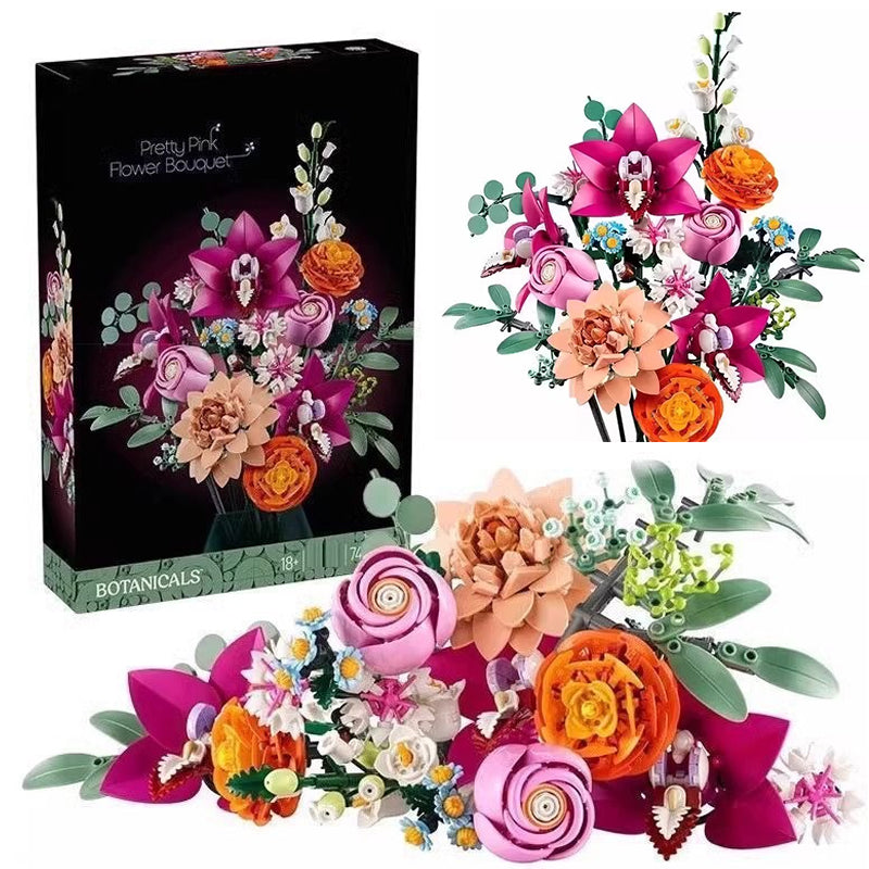 Pink Flower Bouquet Building Blocks Set - Creative Decor Kit